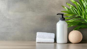 White bottle of soap, towel and green plant on wooden table photo