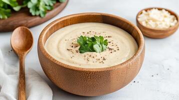Cauliflower soup with parsley and parsley in a wooden bowl photo