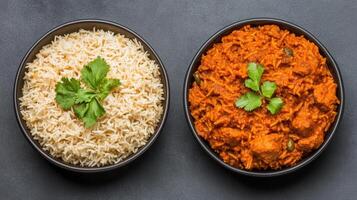 Two bowls of rice and chicken curry on a dark background photo