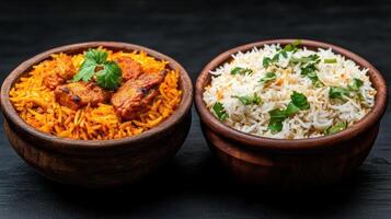 Two bowls of rice and chicken in wooden bowls photo