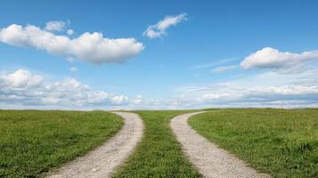 Two roads going in opposite directions on a grassy field photo