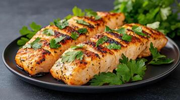 A la parrilla salmón en un negro plato con perejil foto