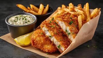 Fish and chips with dipping sauce photo