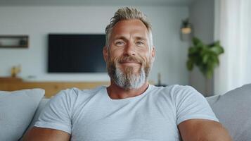 A man with a beard sitting on a couch photo