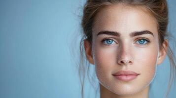 A woman with blue eyes and a face mask photo