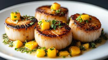 Three scallops with mango salsa on a white plate photo