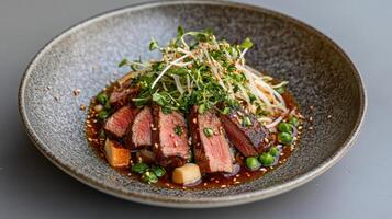 A plate of meat and vegetables with a sauce photo