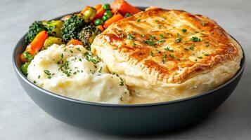A bowl of mashed potatoes and vegetables with a pie photo