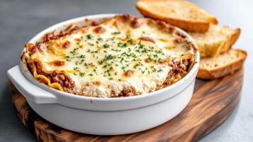 Lasagna in a white bowl with bread on a wooden board photo