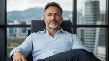 A man with a beard sitting in an office chair photo