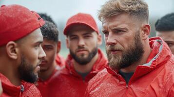 A group of men in red jackets talking to each other photo