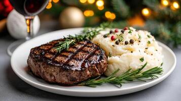A steak and mashed potatoes on a plate with a glass of wine photo