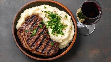 A plate of mashed potatoes with a steak and a glass of red wine photo