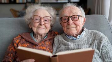 An elderly couple sitting on a couch reading a book photo