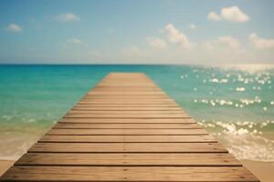 Serene ocean view from a wooden pier leading into turquoise waters. copy space. summer background photo