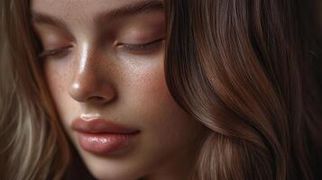 Close-up portrait of a young person with beautiful skin and gentle features against a warm background photo