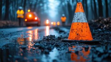 Roadwork underway in a foggy forest with safety cones marking the area and workers visible in reflective gear photo