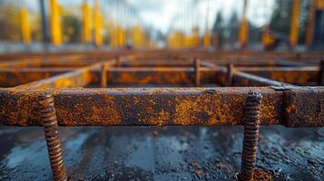 Rusty metal rebar exposed on a construction site prepares for concrete laying in the afternoon sunlight photo