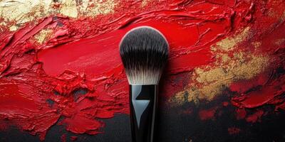 Elegant makeup brush resting on vibrant red and gold artistic background in a beauty studio photo