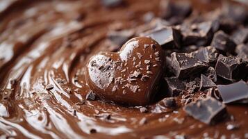 Rich chocolate swirl with heart-shaped treat and dark chocolate pieces on dessert surface photo