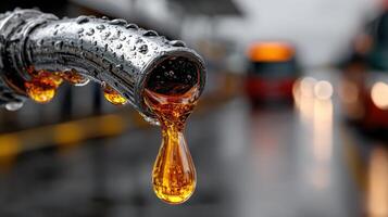 Fuel nozzle with dripping liquid during rainy weather at a filling station in the city photo