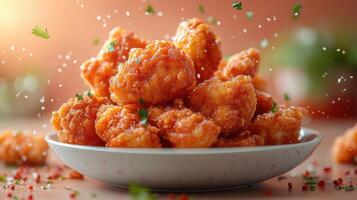 Spicy fried chicken bites garnished with herbs served on a plate in a warm kitchen setting during dinner time photo