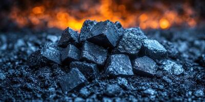 Coal is stacked in a dark mine with glowing embers illuminating the background photo