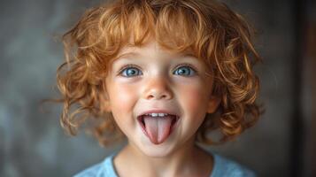 Young child with curly red hair playfully sticking out tongue and smiling against a textured background in a cozy setting photo