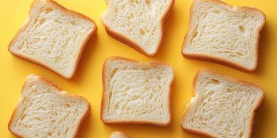 Slices of white bread arranged on a bright yellow background, showcasing their texture and color contrast beautifully photo