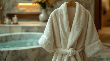 a robe is hanging on a hanger in a bathroom photo