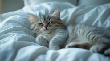 Sleeping kitten relaxes on soft white bedspread in morning sunlight filtered through the window photo