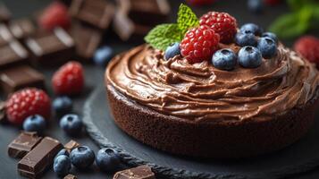 Chocolate cake topped with fresh berries creates a delicious dessert centerpiece for any gathering photo