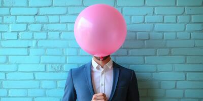Man holding a pink balloon in front of his face against a blue brick wall during a creative photo session