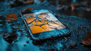 Damaged smartphone lies in water with cracked screen during sunset after being dropped outdoors photo
