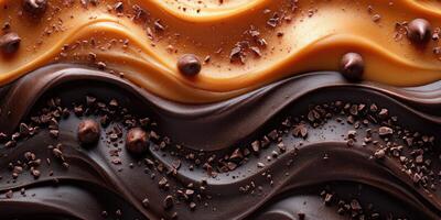 Layers of smooth chocolate, caramel, and dark fudge create a delicious dessert experience photo