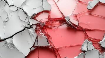 Shattered glass fragments with a red and white color contrast illuminating intricate details in the patterns at midday photo