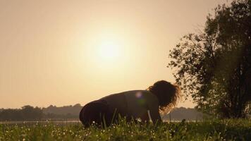 A serene silhouette of an individual practicing yoga at sunset, embraced by lush greenery, embodying tranquility and balance as the vibrant day smoothly transitions into the calm night sky video