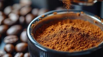 coffee beans are being ground in a coffee grinder photo