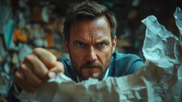Intense expression of a man tearing paper in an urban setting during daylight photo