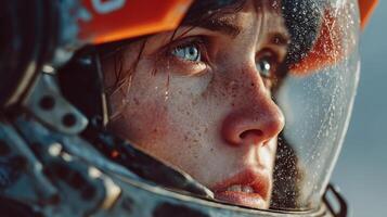 Close-up of a young astronaut in a helmet with raindrops, reflecting determination and curiosity during a space mission photo