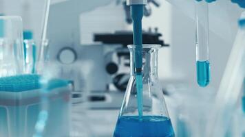 un serie de laboratorio imágenes exhibiendo un científico en azul guantes expertamente transferir un azul líquido utilizando un pipeta dentro prueba tubos y frascos, enfatizando precisión en científico experimentos video