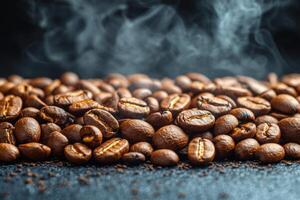 coffee beans on a dark background with smoke photo