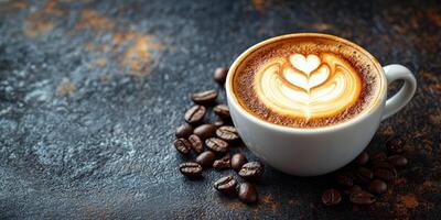 coffee beans and cappuccino latte art on dark background photo
