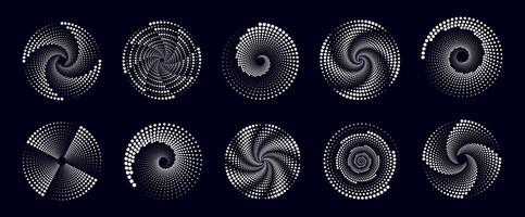 Set of white halftone dotted circles. Illustration of abstract white spiral circles with dots isolated on dark background. Circular logo. Poster. Banner. Design element. vector