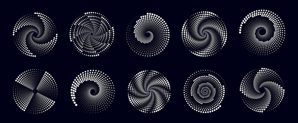 Set of white halftone dotted circles. Illustration of abstract white spiral circles with dots isolated on dark background. Circular logo. Poster. Banner. Design element.