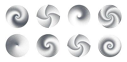 Set of halftone dotted circles. Illustration of abstract spiral circles with dots isolated on white background. Circular logo. Poster. Banner. Design element. vector
