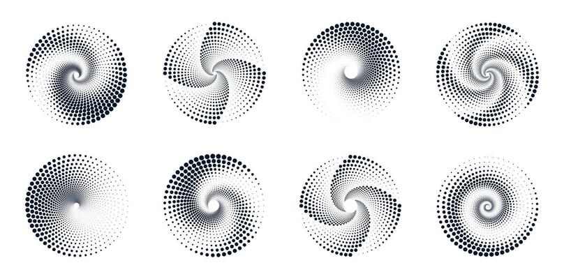 Set of halftone dotted circles. Illustration of abstract spiral circles with dots isolated on white background. Circular logo. Poster. Banner. Design element.