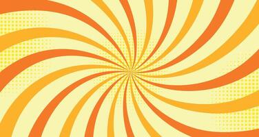 Pop art, colorful background with texture in cartoon style. Illustration of beautiful abstract swirling orange lines with halftone effect, dots. Sun rays. vector