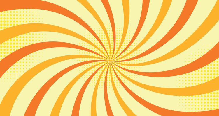 Pop art, colorful background with texture in cartoon style. Illustration of beautiful abstract swirling orange lines with halftone effect, dots. Sun rays.
