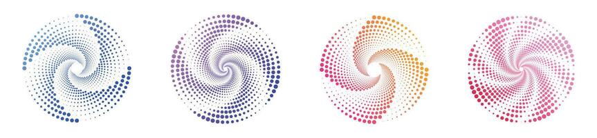 Set of colored halftone dotted circles. Illustration of abstract colored gradient spiral circles with dots isolated on white background. Cycle emblem. Poster. Banner. vector